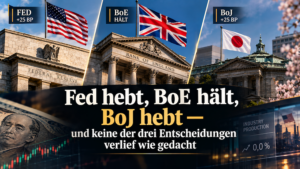 Mehr über den Artikel erfahren Fed hebt, BoE hält, BoJ hebt — und keine der drei Entscheidungen verlief wie gedacht